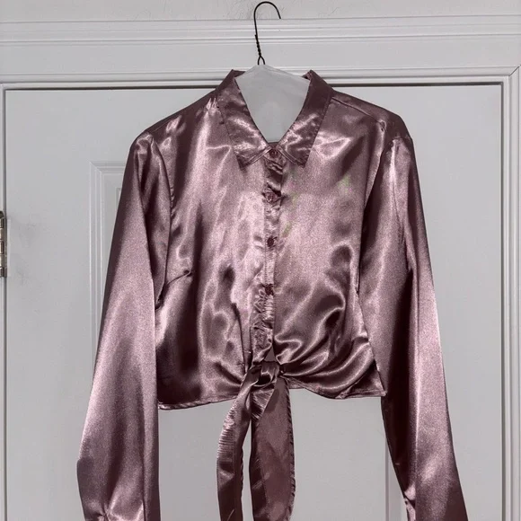 Satin Tie-Front Blouse - Dusty Rose - Picture 6 of 9